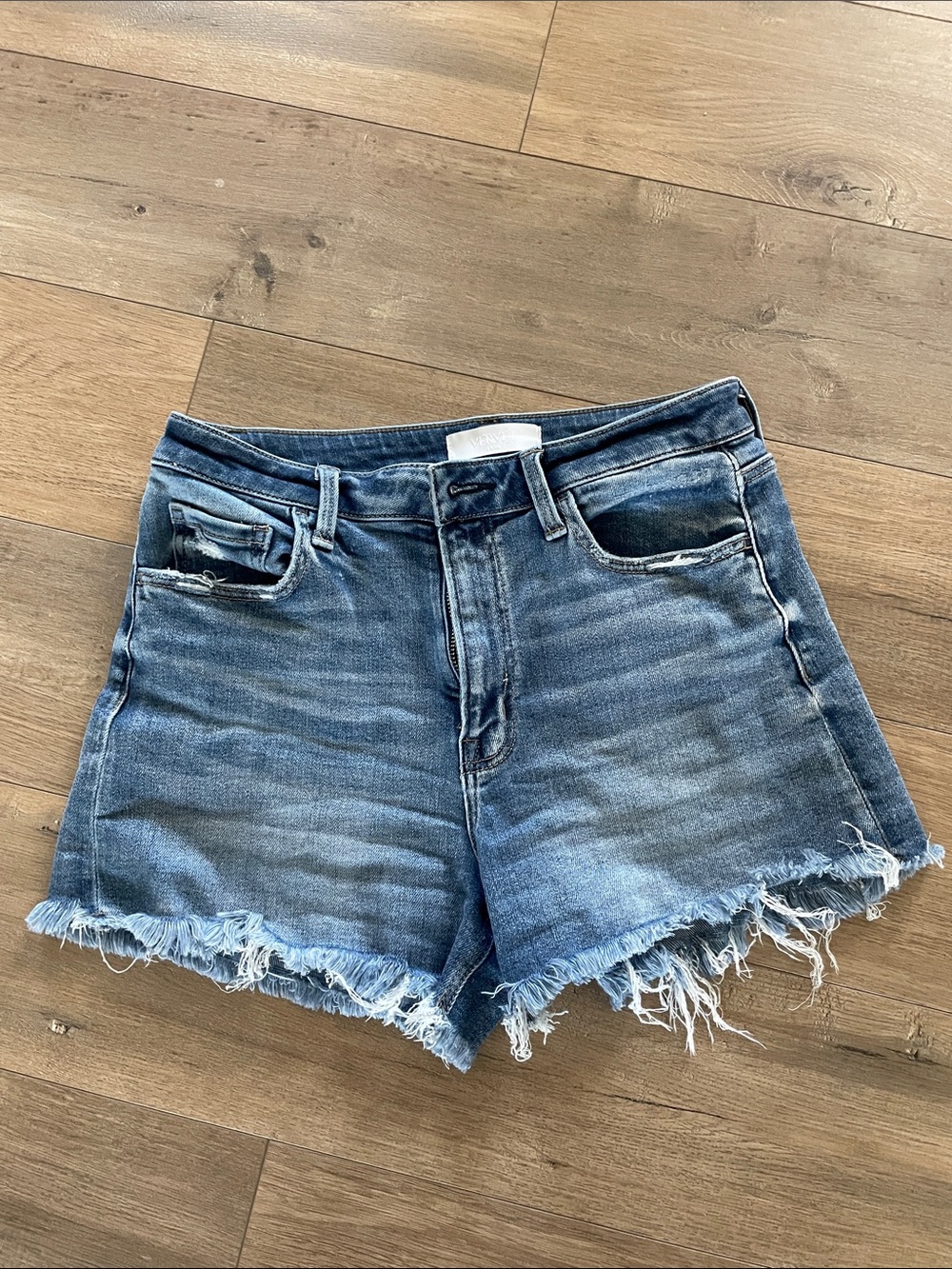 High-Rise Frayed Hem Blue Denim Shorts